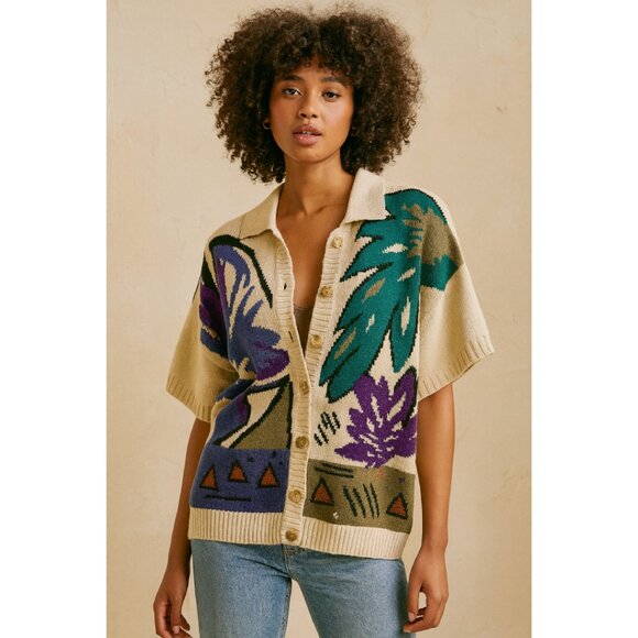 Russ Women’s L Button-Up Short Sleeve Knit Cardigan Colorful Floral Print - Picture 1 of 11